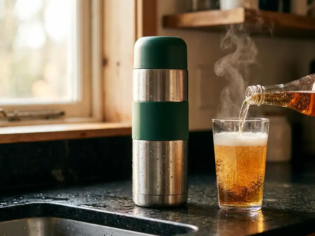 Roestvrijstalen thermosfles op nat aanrecht met condensdruppels, naast een bruisende koolzuurhoudende drank in natuurlijk zijlicht.