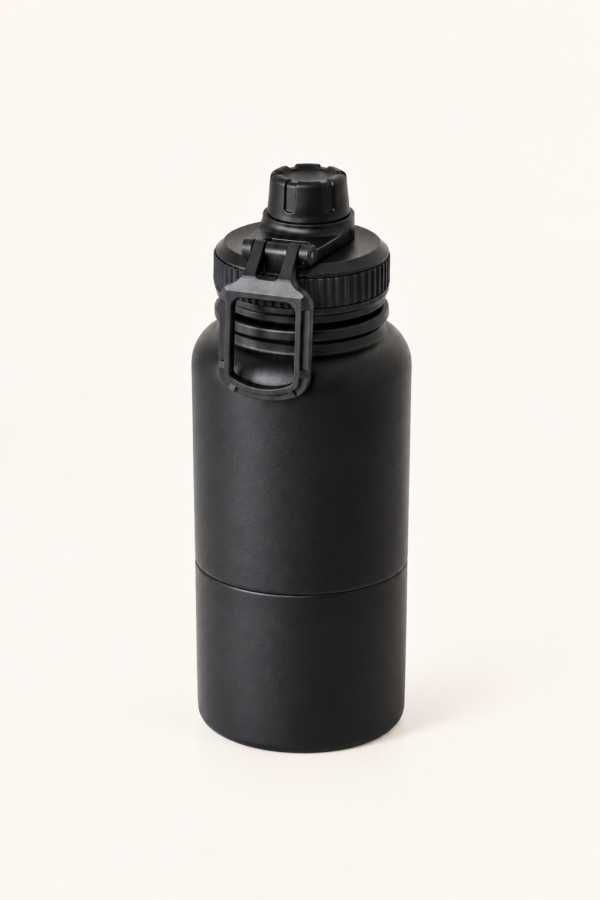 1. Zwarte RVS thermosfles met beker voor drinken en snacks.