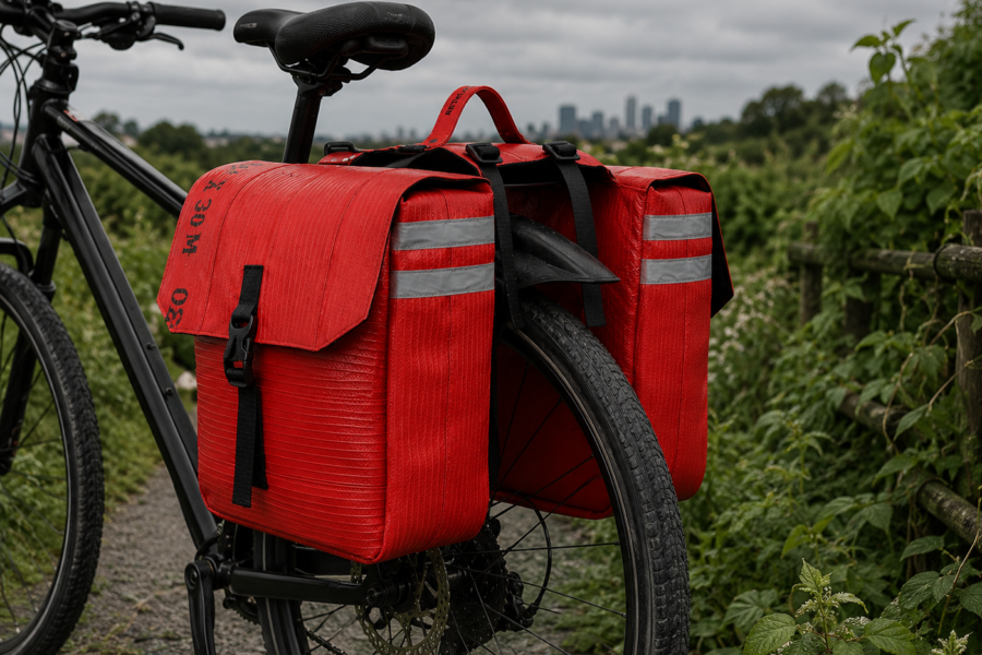 Retulp grote dubbele fietstas brandweerslangen Retulp alternatief upcycling cadeau brandweerslang tweede leven duurzaam geschenk